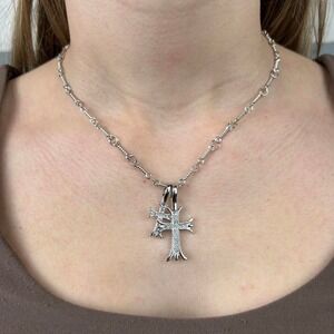 Vintage Y2K silver double cross opium style necklace diamond chain